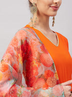InWeave Women's Orange Gota Long Anrkali Kurta Set W Green Organza Dupatta | Grocsy