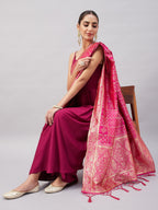 InWeave Women's Wine Solid Strappy Set With Pink Brocade Dupatta | Grocsy