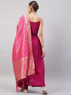 InWeave Women's Wine Solid Strappy Set With Pink Brocade Dupatta | Grocsy