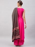 InWeave Women's Fuchsia Sleeveless Kurta Set W Black Pink Ethnic Dupatta | Grocsy