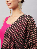 InWeave Women's Fuchsia Sleeveless Kurta Set W Black Pink Ethnic Dupatta | Grocsy