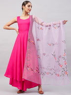 InWeave Women's Fuchsia Sleeveless Kurta Set W Mauve Handpaint Organza Dupatta | Grocsy