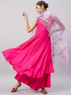 InWeave Women's Fuchsia Sleeveless Kurta Set W Mauve Handpaint Organza Dupatta | Grocsy