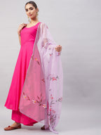 InWeave Women's Fuchsia Sleeveless Kurta Set W Mauve Handpaint Organza Dupatta | Grocsy