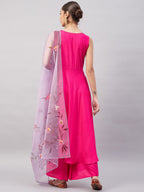 InWeave Women's Fuchsia Sleeveless Kurta Set W Mauve Handpaint Organza Dupatta | Grocsy