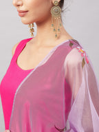 InWeave Women's Fuchsia Sleeveless Kurta Set W Mauve Handpaint Organza Dupatta | Grocsy