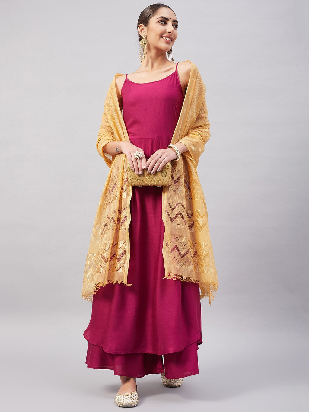 InWeave Women's Wine Solid Strappy Set With Gold Banarsi Zari Dupatta | Grocsy