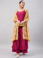 InWeave Women's Wine Solid Strappy Set With Gold Banarsi Zari Dupatta | Grocsy