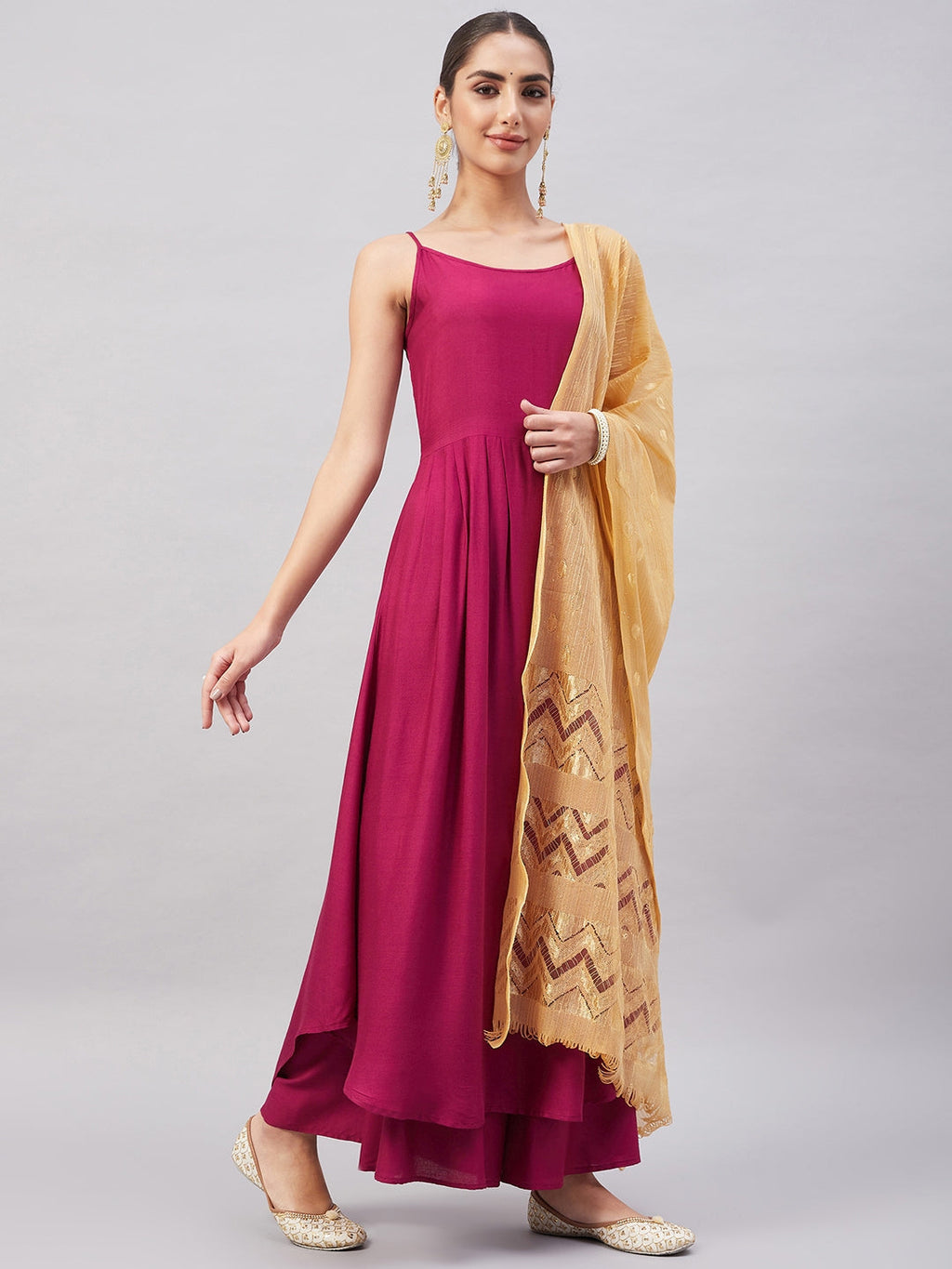 InWeave Women's Wine Solid Strappy Set With Gold Banarsi Zari Dupatta | Grocsy