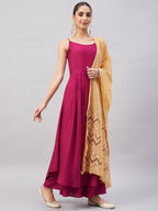 InWeave Women's Wine Solid Strappy Set With Gold Banarsi Zari Dupatta | Grocsy