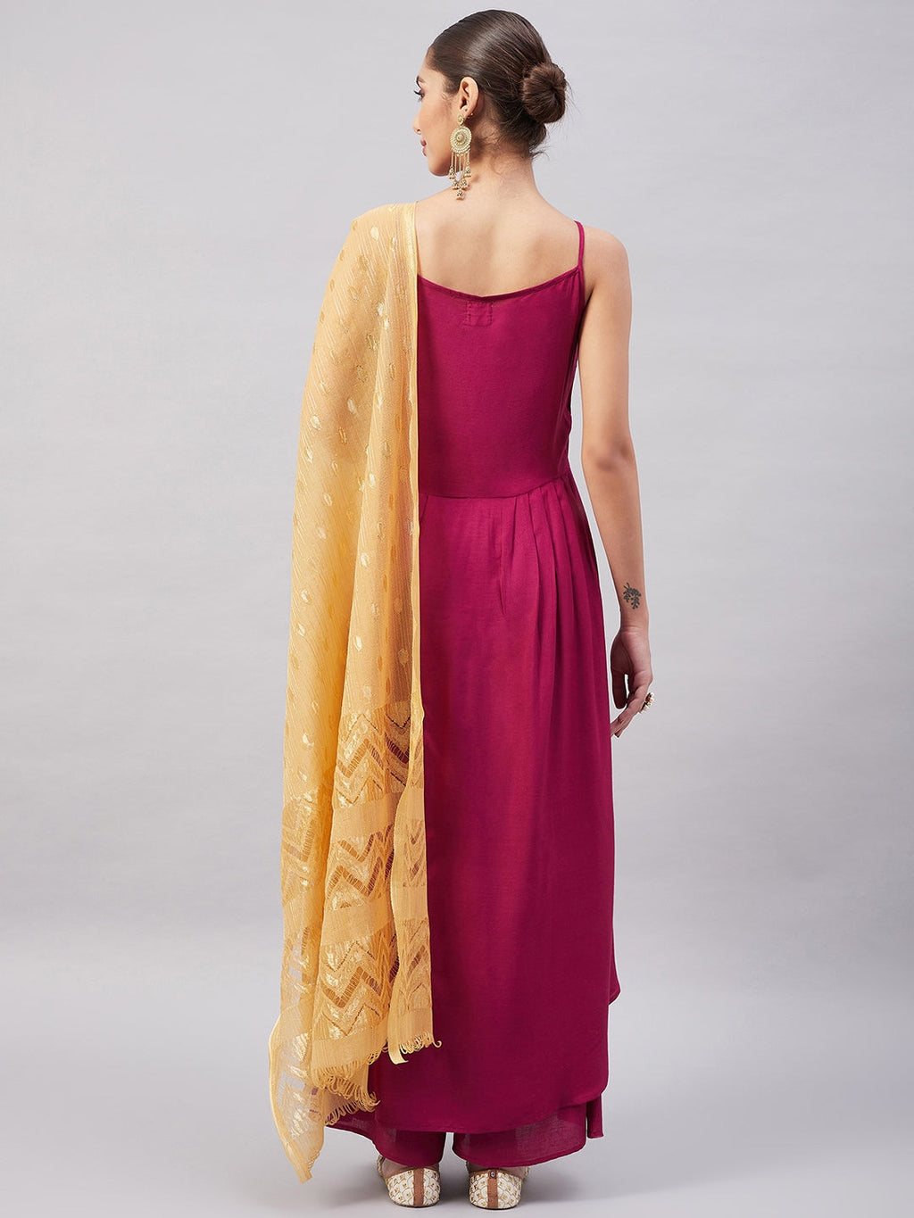 InWeave Women's Wine Solid Strappy Set With Gold Banarsi Zari Dupatta | Grocsy