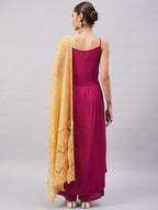 InWeave Women's Wine Solid Strappy Set With Gold Banarsi Zari Dupatta | Grocsy
