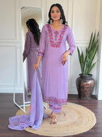 The52 Beautiful Women's Thread work Viscose Fabric Straight Kurta, Pant and Dupatta Set | Grocsy