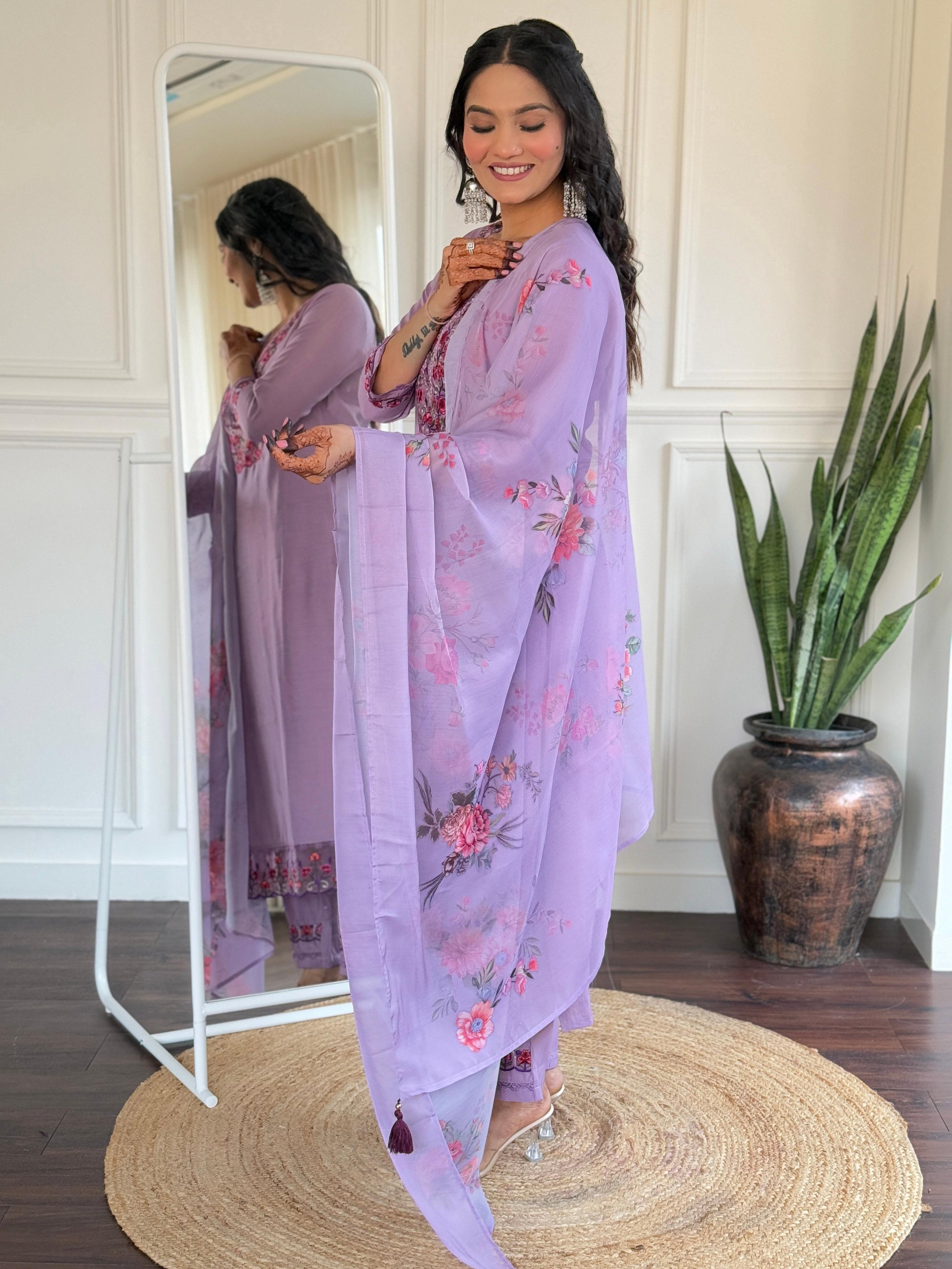 The52 Beautiful Women's Thread work Viscose Fabric Straight Kurta, Pant and Dupatta Set | Grocsy