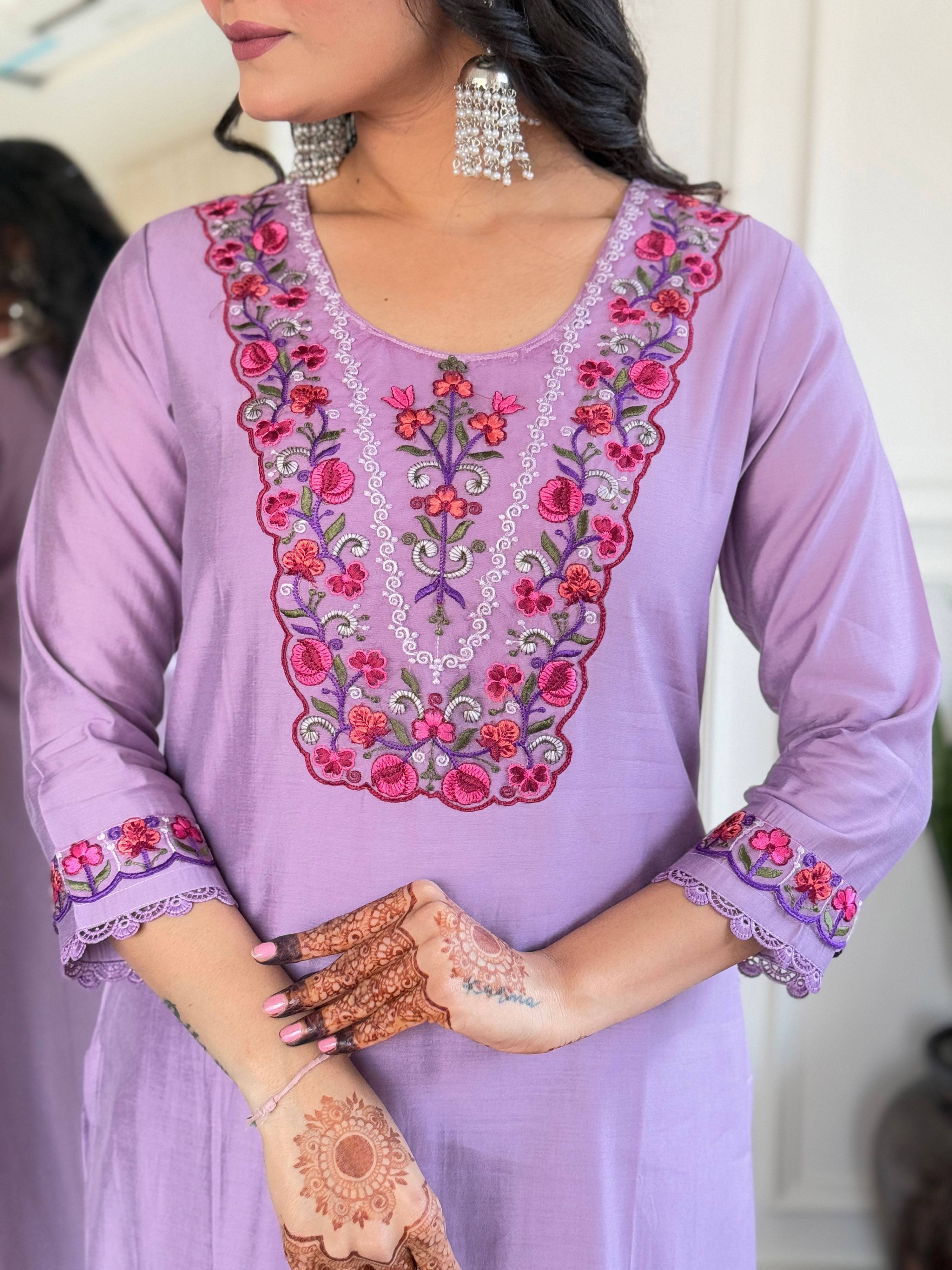 The52 Beautiful Women's Thread work Viscose Fabric Straight Kurta, Pant and Dupatta Set | Grocsy