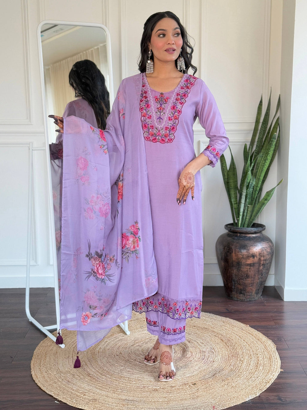 The52 Beautiful Women's Thread work Viscose Fabric Straight Kurta, Pant and Dupatta Set | Grocsy