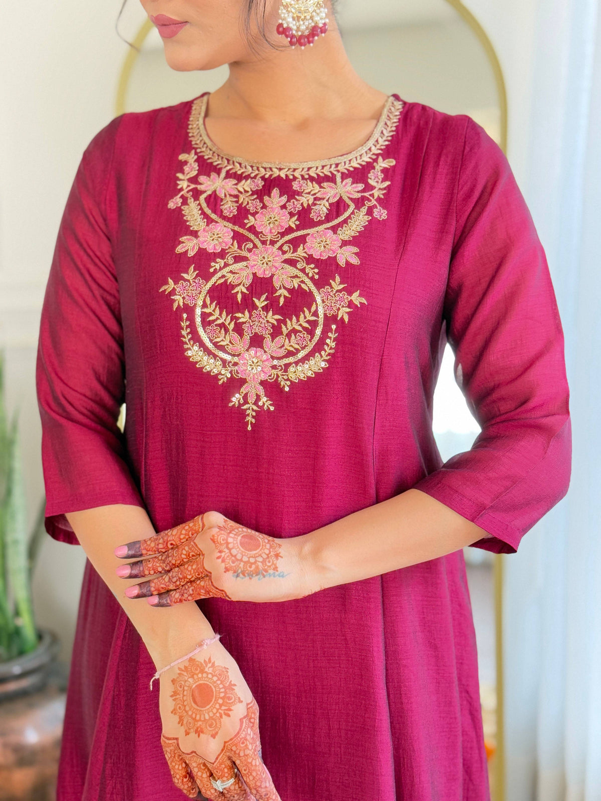 The52 Embroidery Work with Vichitra Silk Fabric A-line Kurta, Pant and Dupatta Set | Grocsy