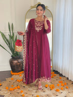 The52 Embroidery Work with Vichitra Silk Fabric A-line Kurta, Pant and Dupatta Set | Grocsy