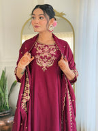 The52 Embroidery Work with Vichitra Silk Fabric A-line Kurta, Pant and Dupatta Set | Grocsy