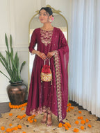 The52 Embroidery Work with Vichitra Silk Fabric A-line Kurta, Pant and Dupatta Set | Grocsy