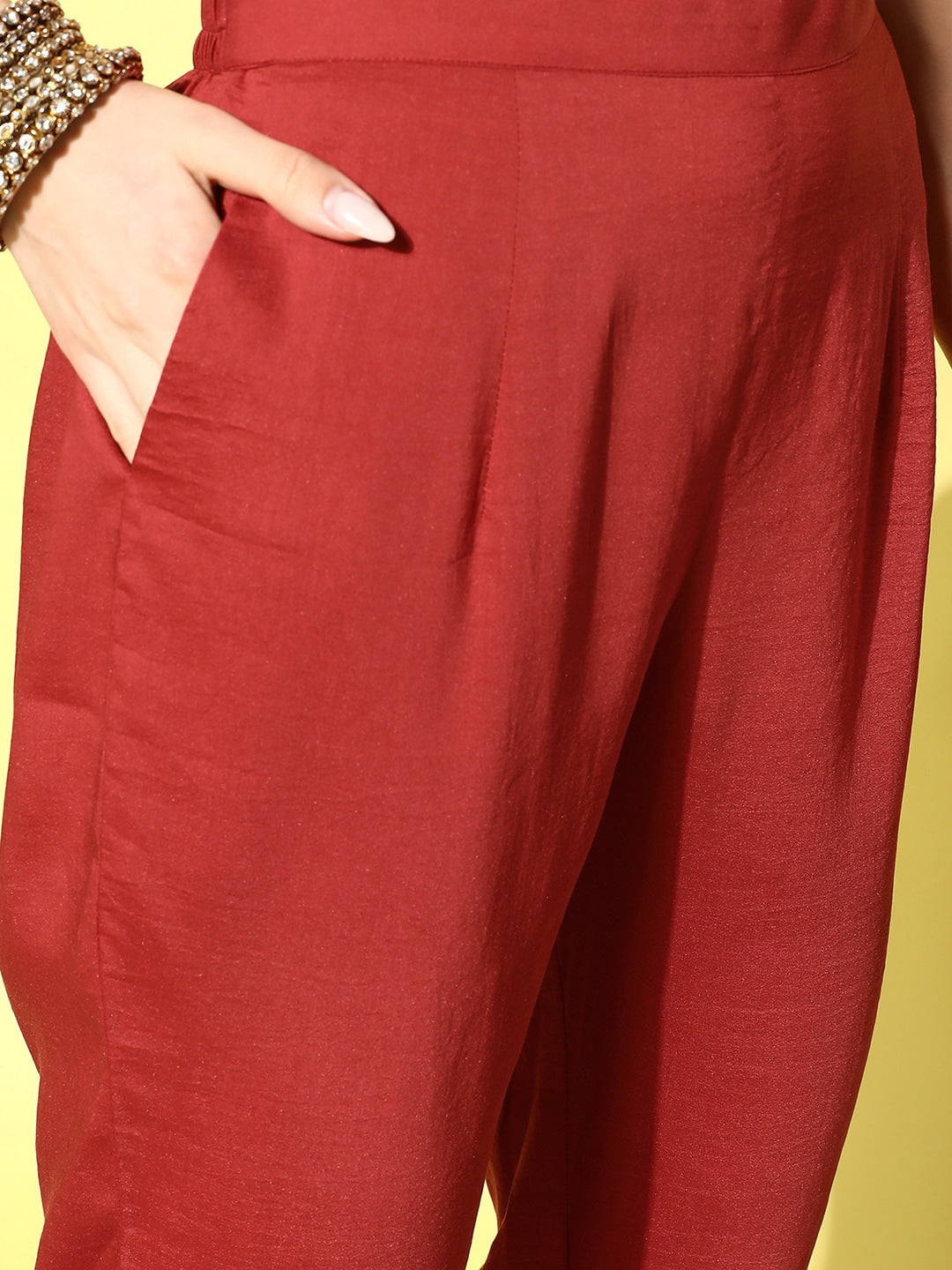 Sangria Floral Yoke Design Pleated Mirror Work Chanderi Silk Kurta with Trousers | Grocsy