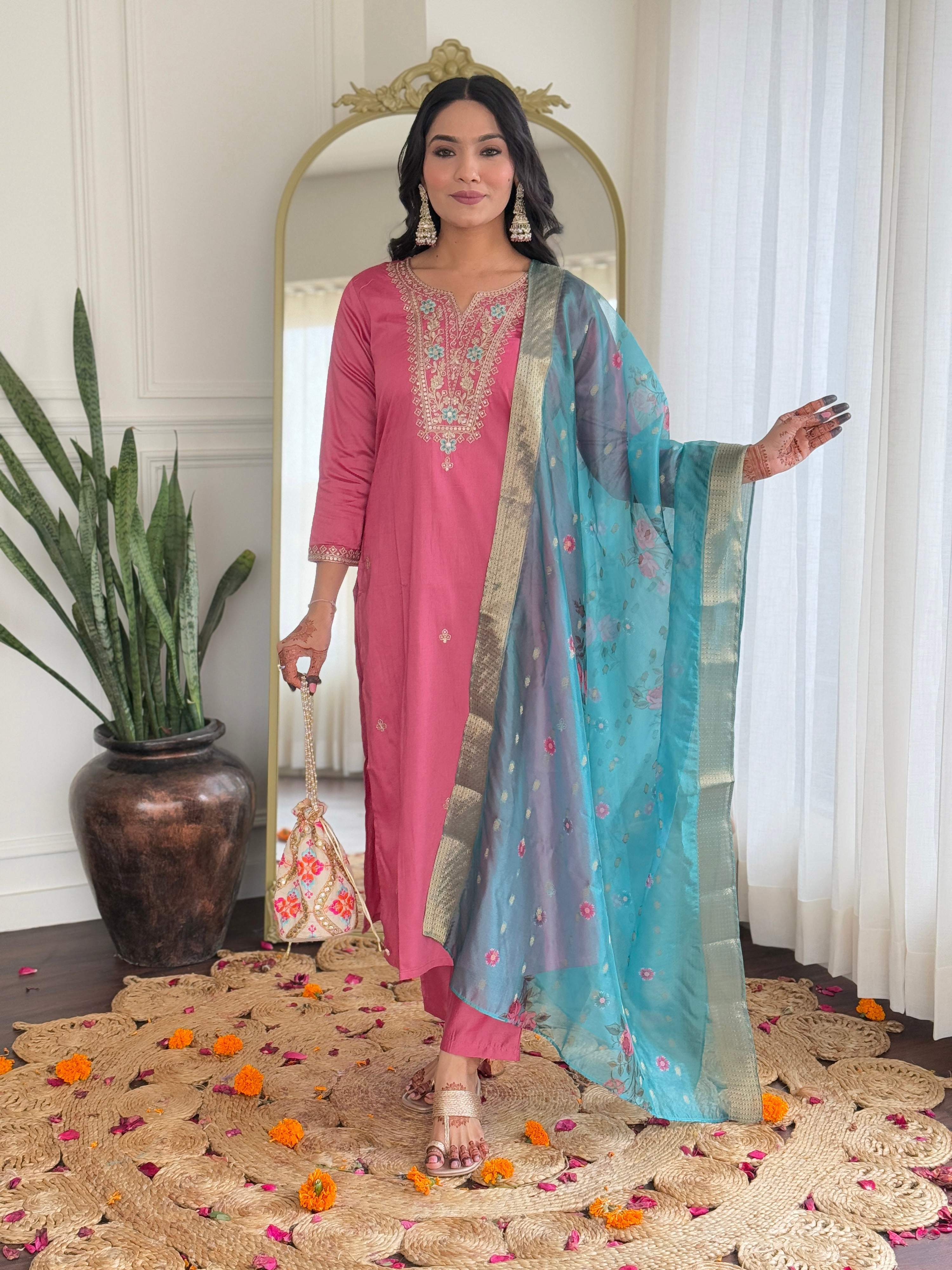 The52 Women Gorgeous Embroidery Work with Viscose Silk Fabric Straight Kurta, Pant and Dupatta Set | Grocsy