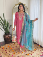 The52 Women Gorgeous Embroidery Work with Viscose Silk Fabric Straight Kurta, Pant and Dupatta Set | Grocsy