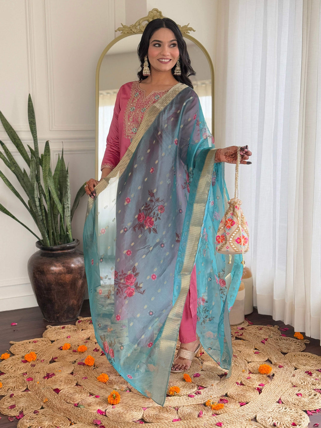 The52 Women Gorgeous Embroidery Work with Viscose Silk Fabric Straight Kurta, Pant and Dupatta Set | Grocsy