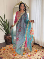 The52 Women Gorgeous Embroidery Work with Viscose Silk Fabric Straight Kurta, Pant and Dupatta Set | Grocsy