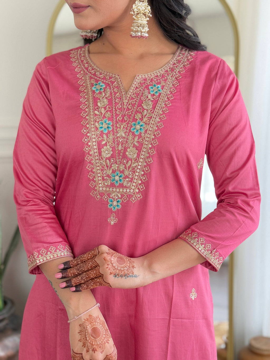 The52 Women Gorgeous Embroidery Work with Viscose Silk Fabric Straight Kurta, Pant and Dupatta Set | Grocsy