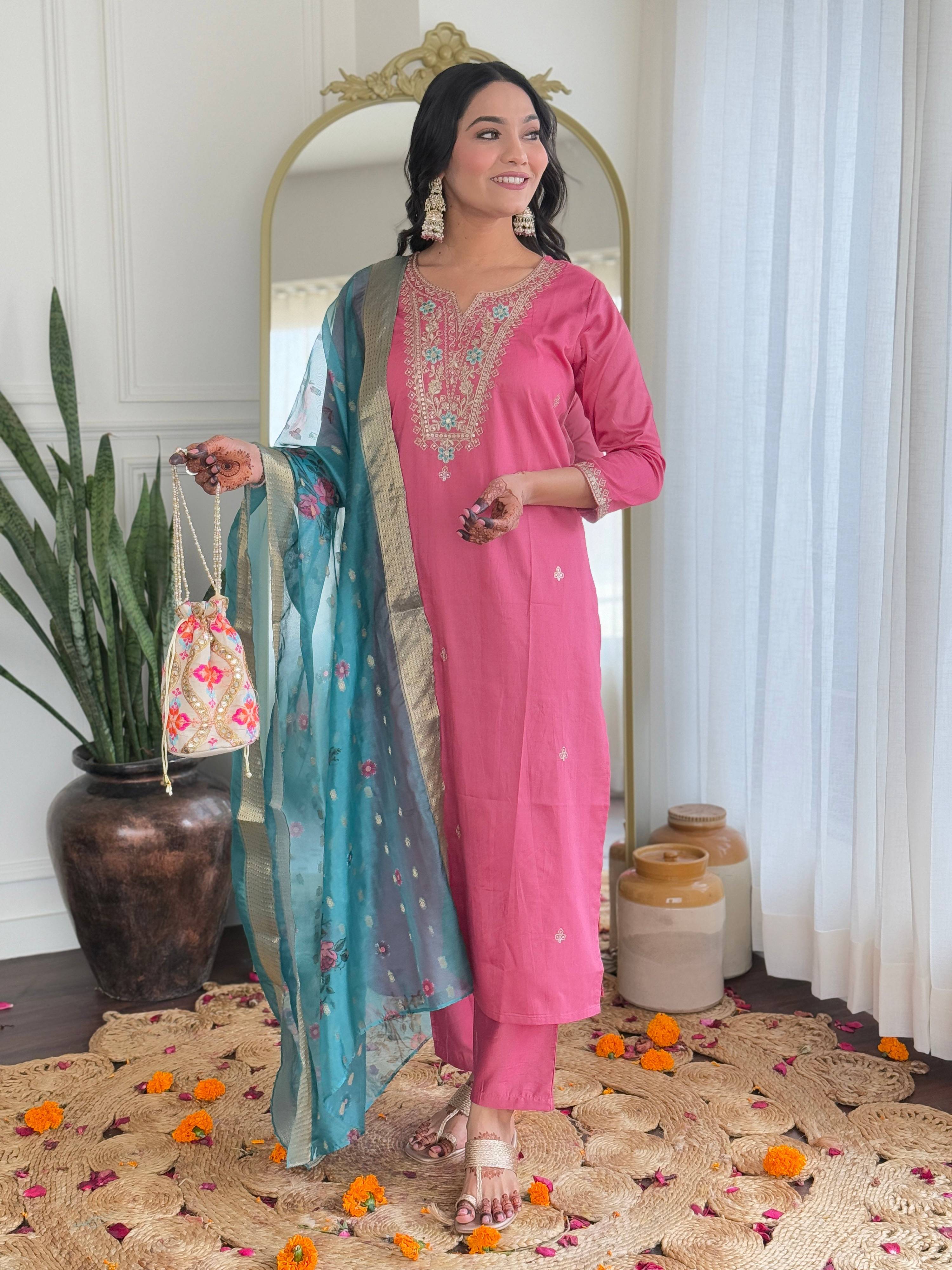 The52 Women Gorgeous Embroidery Work with Viscose Silk Fabric Straight Kurta, Pant and Dupatta Set | Grocsy