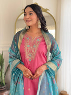 The52 Women Gorgeous Embroidery Work with Viscose Silk Fabric Straight Kurta, Pant and Dupatta Set | Grocsy