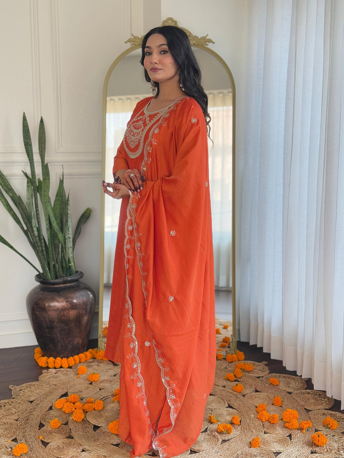 The52 Women's Orange Embroidered Vichitra Silk Fabric Straight Kurta, Pant and Dupatta Set | Grocsy