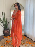 The52 Women's Orange Embroidered Vichitra Silk Fabric Straight Kurta, Pant and Dupatta Set | Grocsy