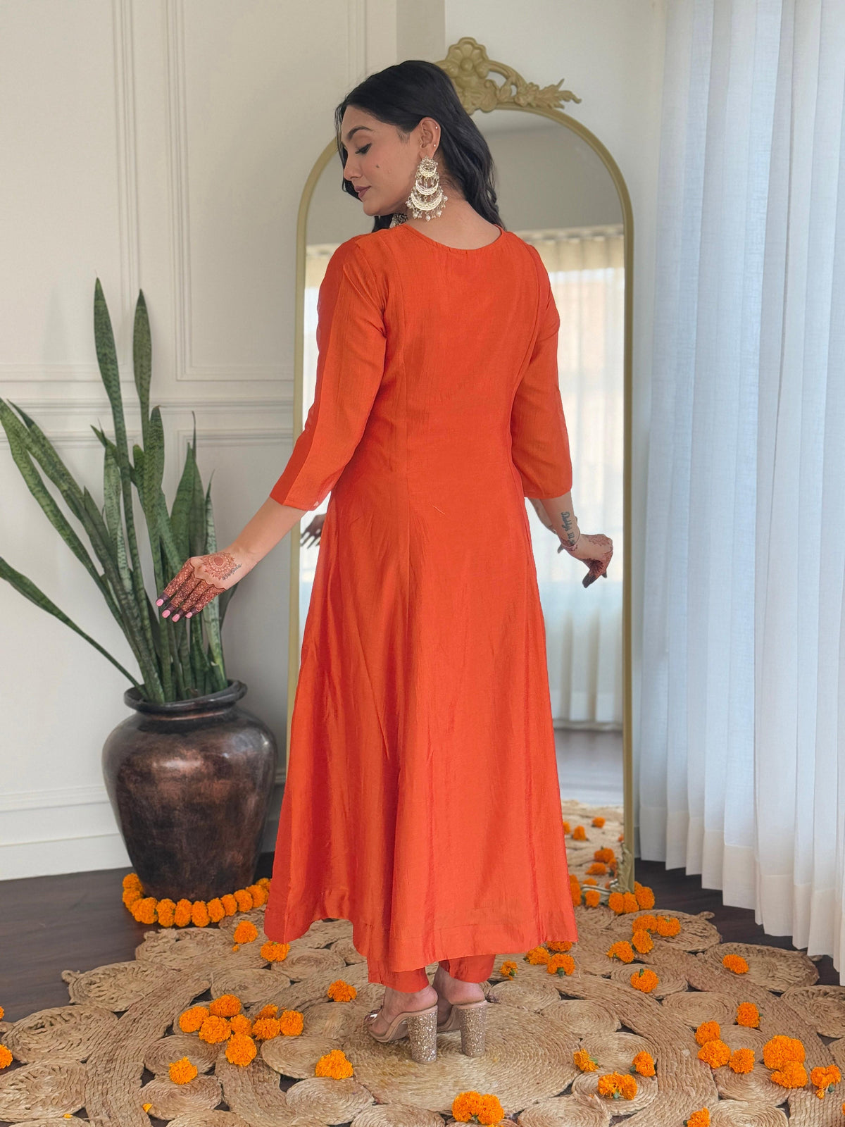 The52 Women's Orange Embroidered Vichitra Silk Fabric Straight Kurta, Pant and Dupatta Set | Grocsy