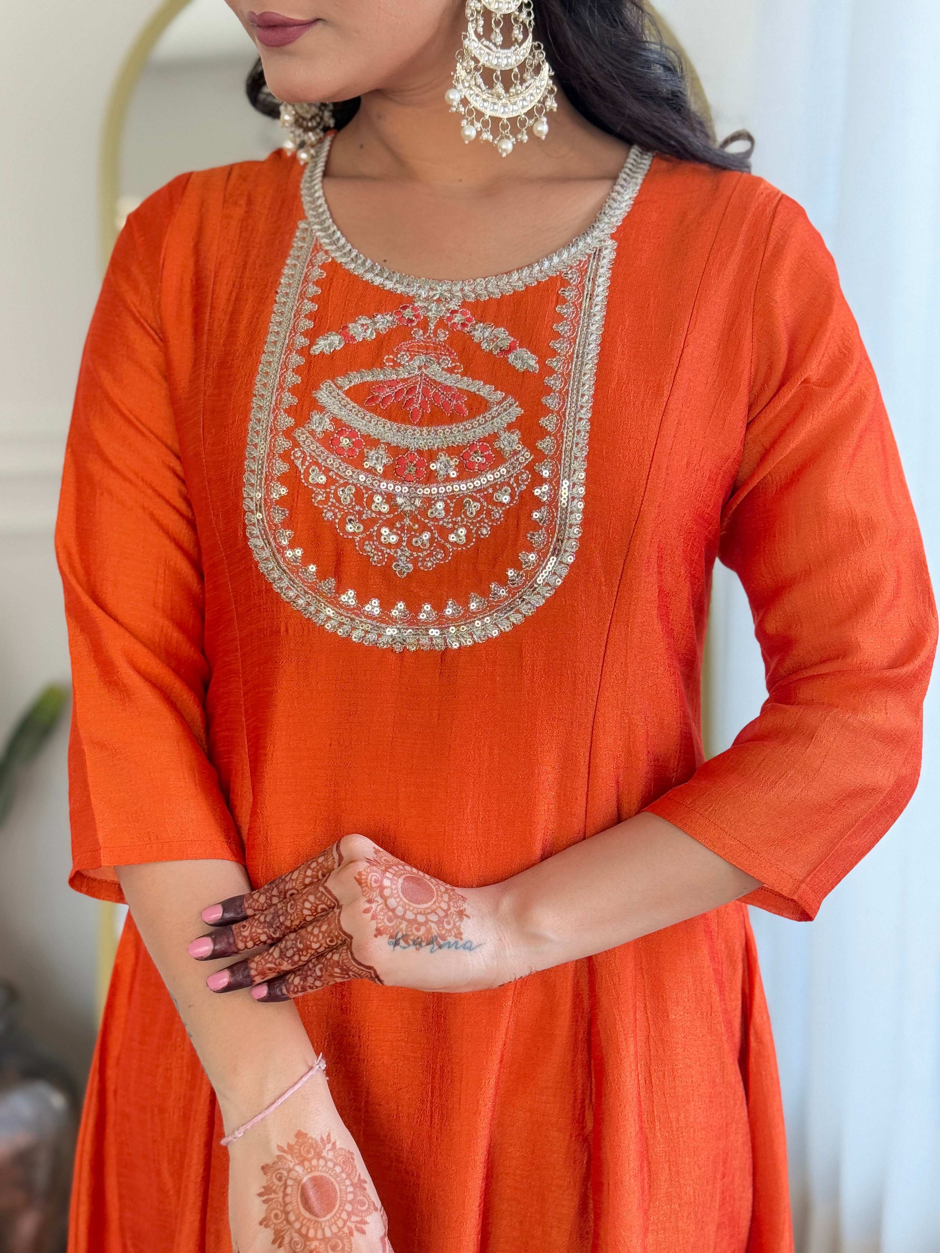 The52 Women's Orange Embroidered Vichitra Silk Fabric Straight Kurta, Pant and Dupatta Set | Grocsy
