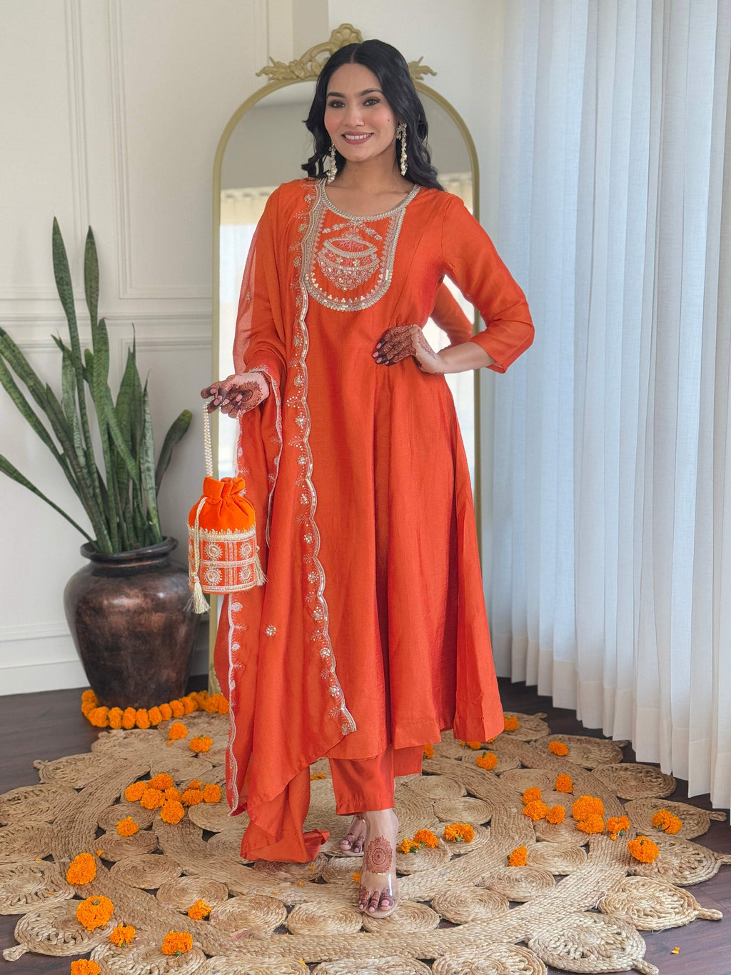 The52 Women's Orange Embroidered Vichitra Silk Fabric Straight Kurta, Pant and Dupatta Set | Grocsy