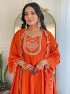 The52 Women's Orange Embroidered Vichitra Silk Fabric Straight Kurta, Pant and Dupatta Set | Grocsy