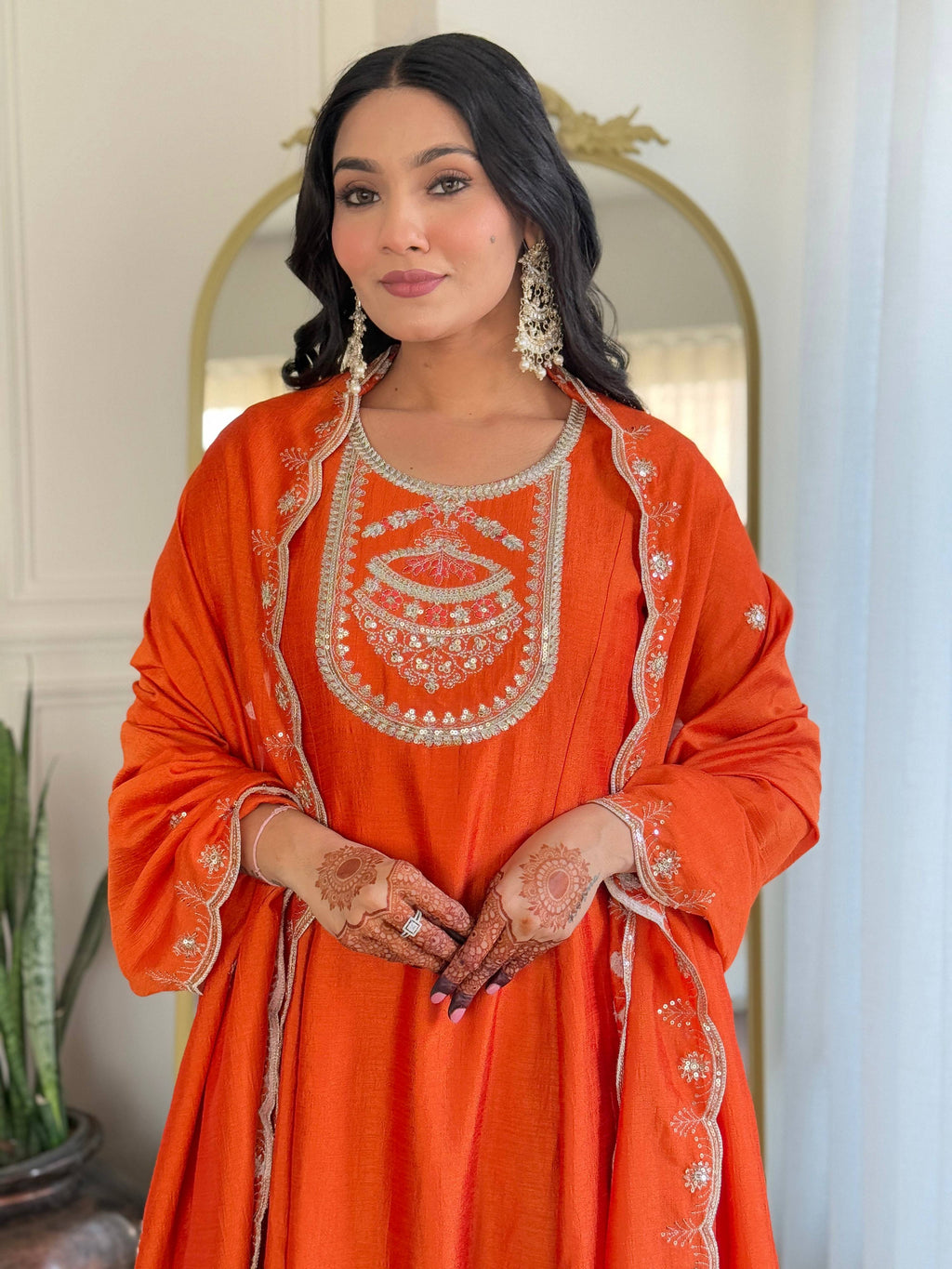The52 Women's Orange Embroidered Vichitra Silk Fabric Straight Kurta, Pant and Dupatta Set | Grocsy