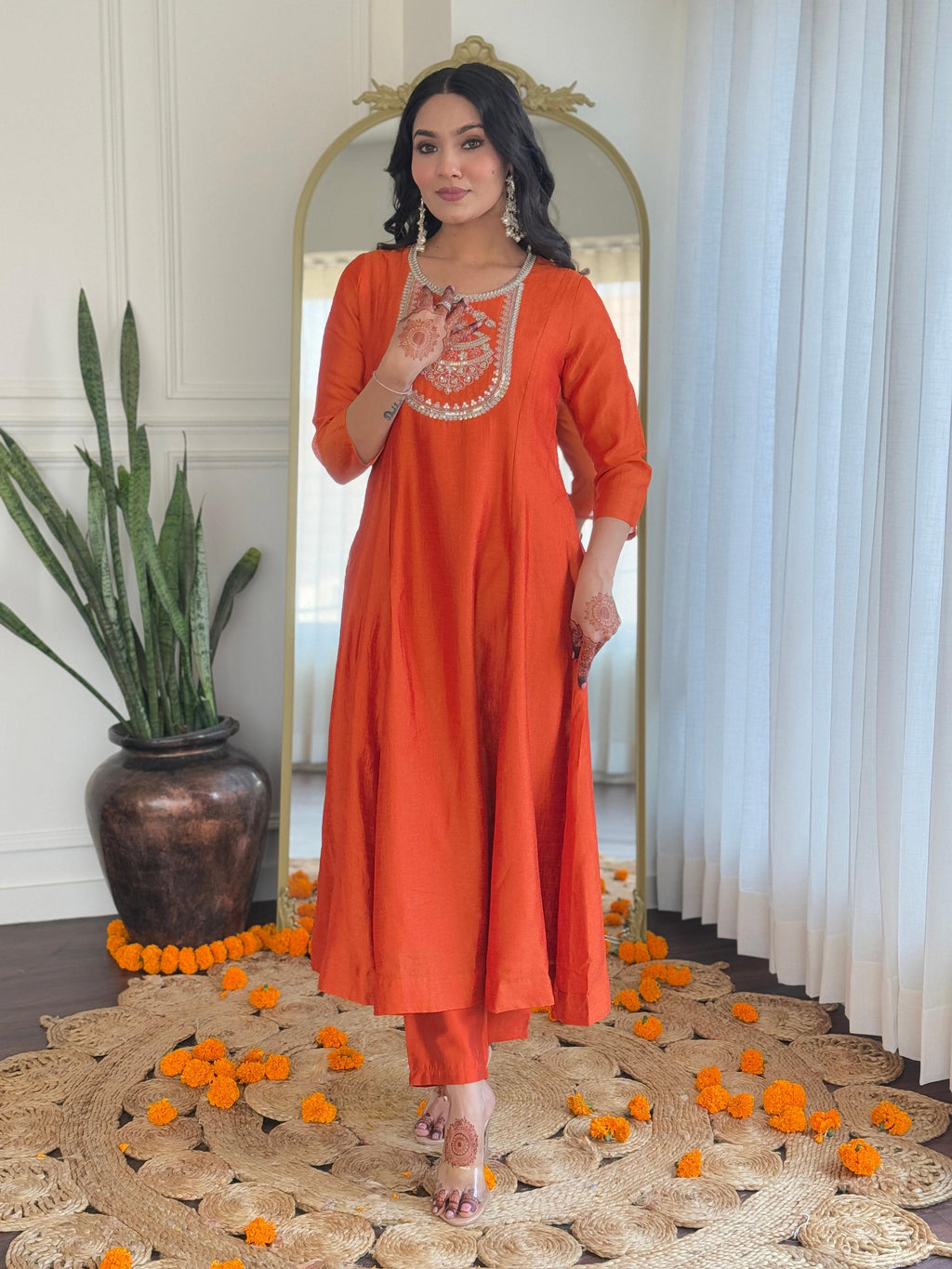 The52 Women's Orange Embroidered Vichitra Silk Fabric Straight Kurta, Pant and Dupatta Set | Grocsy