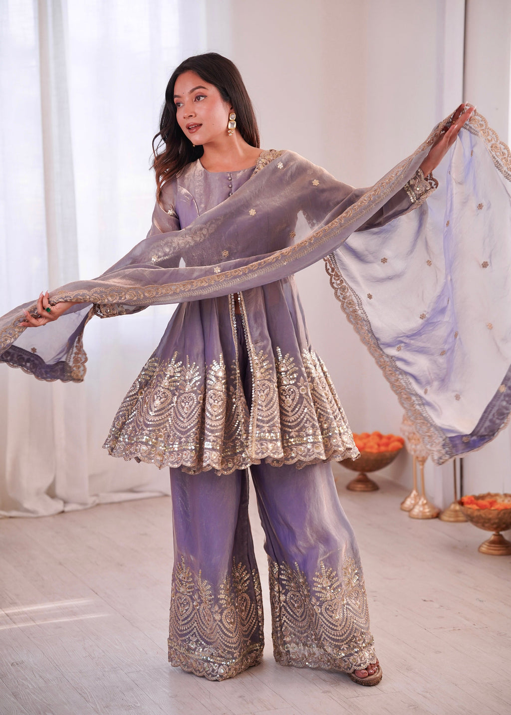 Lorenvalley Fashion Lavender Fendy Satin Embroidery Sequins work with Real Mirror Kurta Palazzo with Dupatta | Grocsy