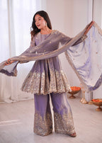 Lorenvalley Fashion Lavender Fendy Satin Embroidery Sequins work with Real Mirror Kurta Palazzo with Dupatta | Grocsy