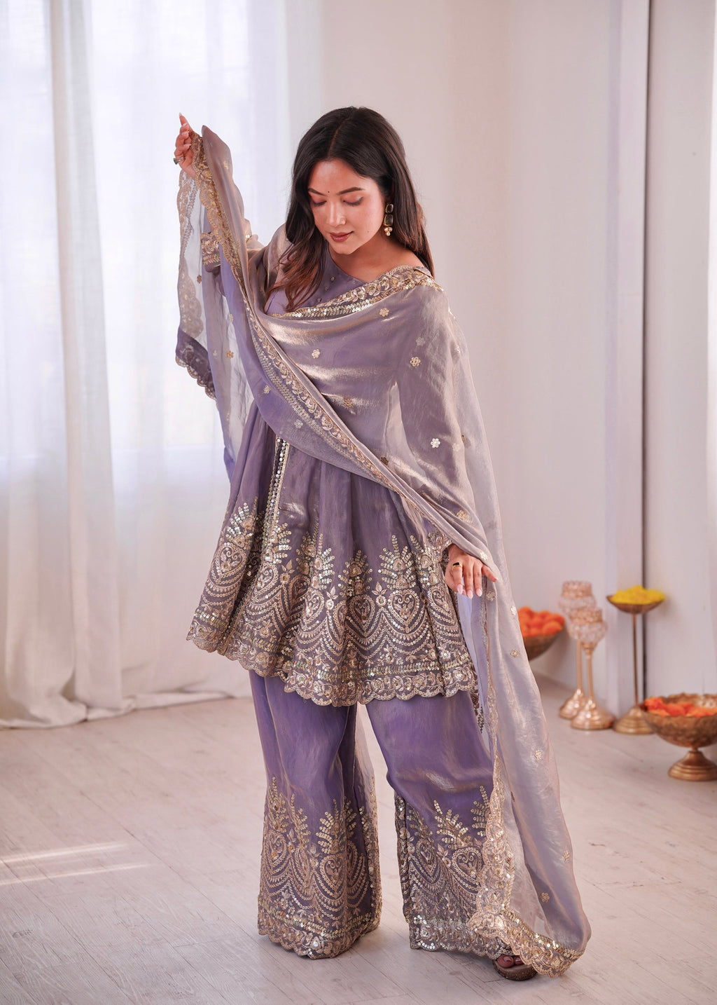 Lorenvalley Fashion Lavender Fendy Satin Embroidery Sequins work with Real Mirror Kurta Palazzo with Dupatta | Grocsy
