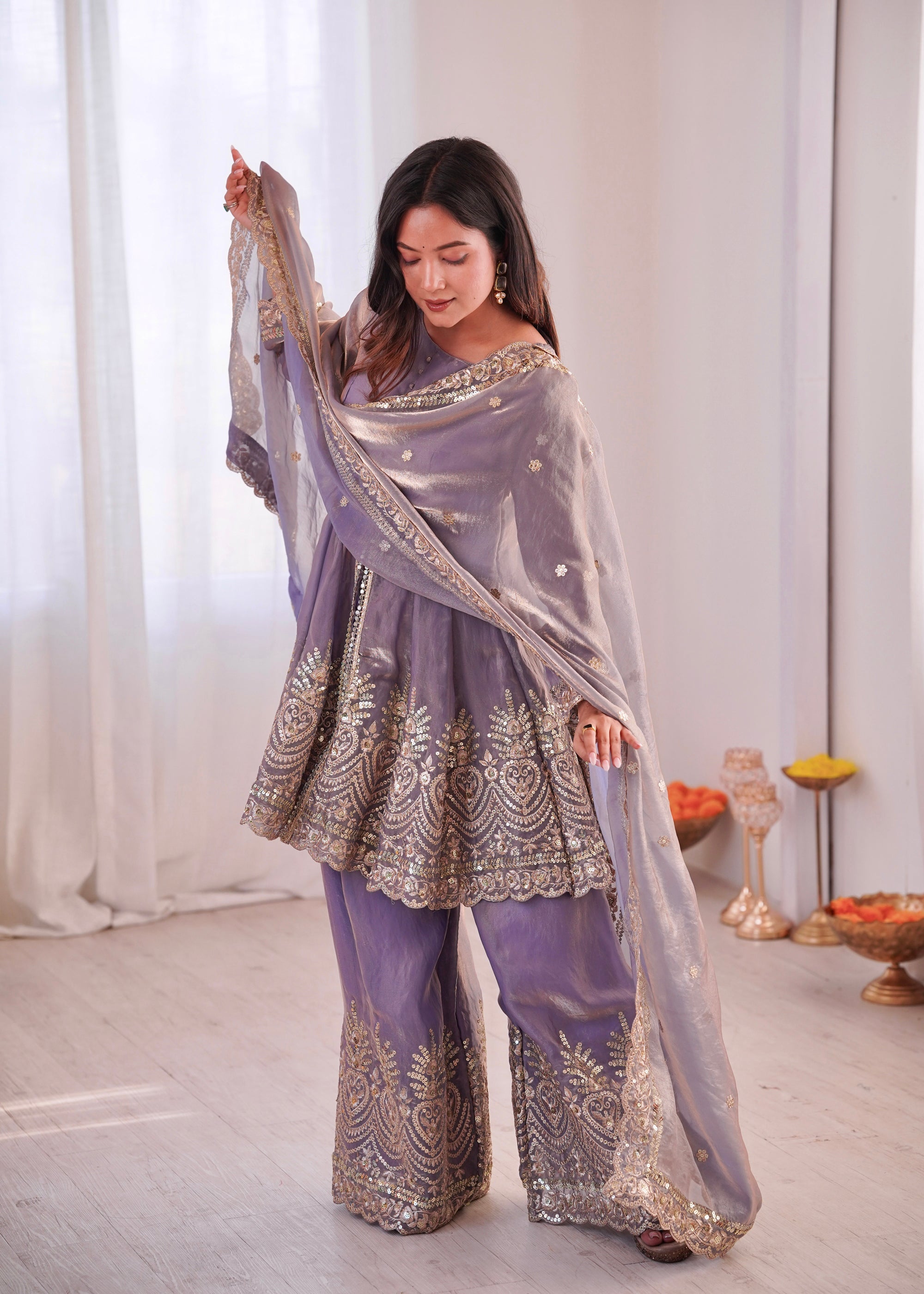 Lorenvalley Fashion Lavender Fendy Satin Embroidery Sequins work with Real Mirror Kurta Palazzo with Dupatta | Grocsy