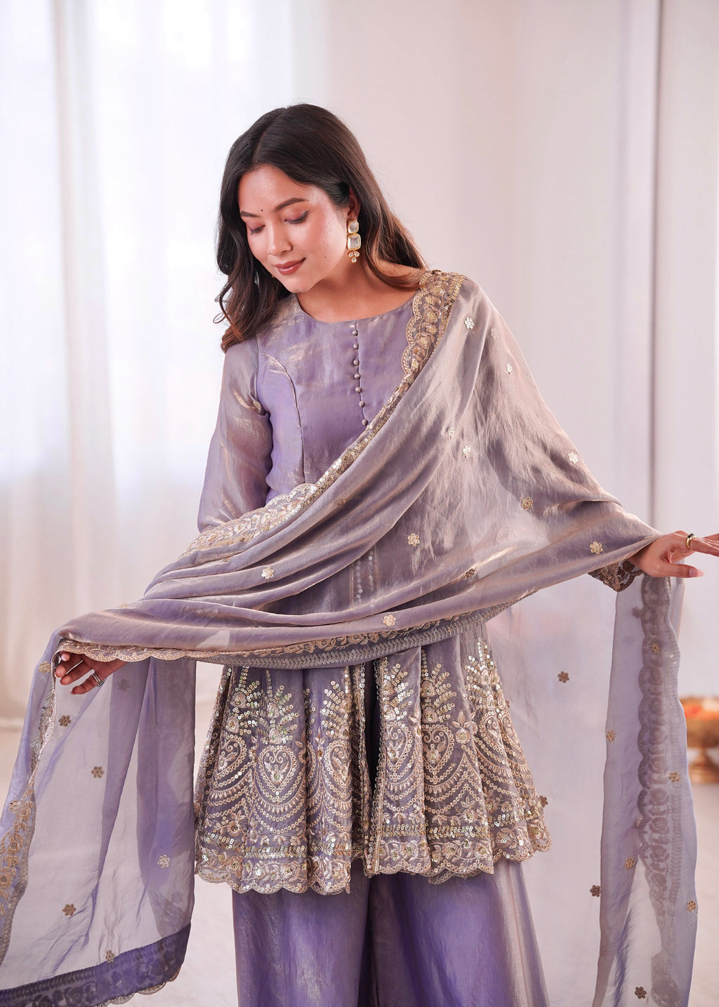 Lorenvalley Fashion Lavender Fendy Satin Embroidery Sequins work with Real Mirror Kurta Palazzo with Dupatta | Grocsy