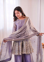 Lorenvalley Fashion Lavender Fendy Satin Embroidery Sequins work with Real Mirror Kurta Palazzo with Dupatta | Grocsy