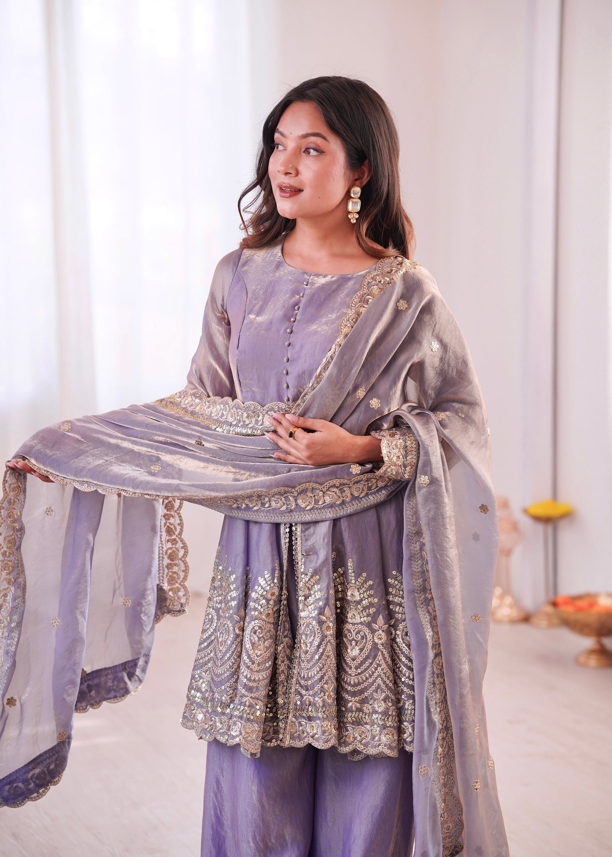 Lorenvalley Fashion Lavender Fendy Satin Embroidery Sequins work with Real Mirror Kurta Palazzo with Dupatta | Grocsy