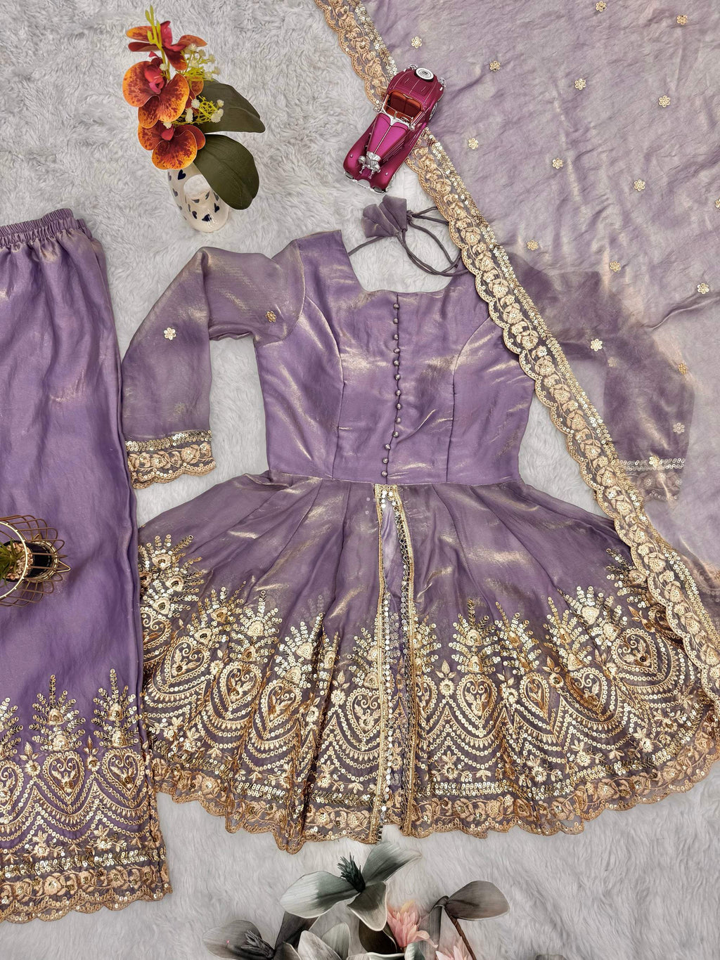 Lorenvalley Fashion Lavender Fendy Satin Embroidery Sequins work with Real Mirror Kurta Palazzo with Dupatta | Grocsy