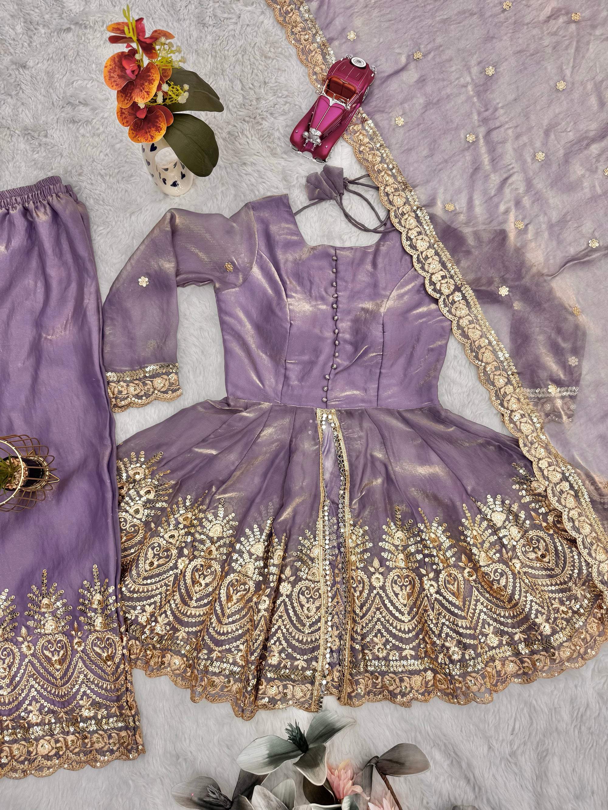 Lorenvalley Fashion Lavender Fendy Satin Embroidery Sequins work with Real Mirror Kurta Palazzo with Dupatta | Grocsy