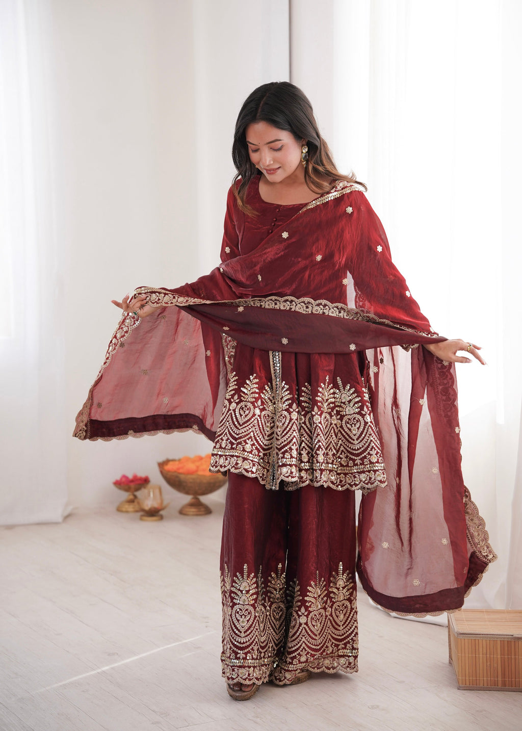 Lorenvalley Fashion Maroon Fendy Satin Embroidery Sequins work with Real Mirror Kurta Palazzo with Dupatta | Grocsy
